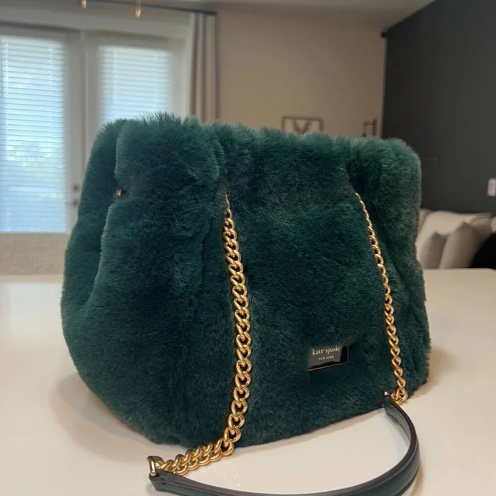 Kate Spade Cleo Faux Fur Small Chain Bucket Bag In Pine Grove - Picture 3 of 10